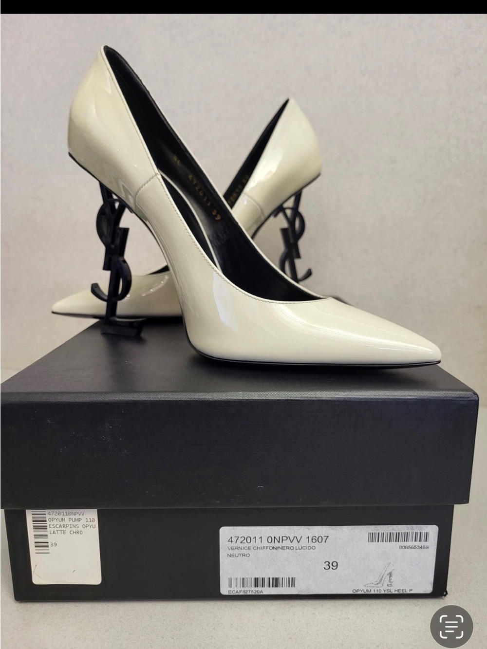 Saint Laurent Cream Patent Pointed-Toe Pumps with Logo Heel